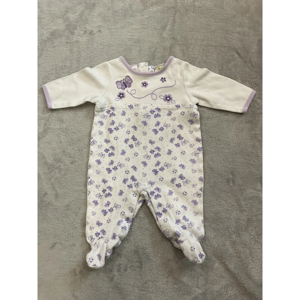Vintage Sprockets Baby Purple Butterfly Floral Footed Sleeper 0-3 Months Cotton